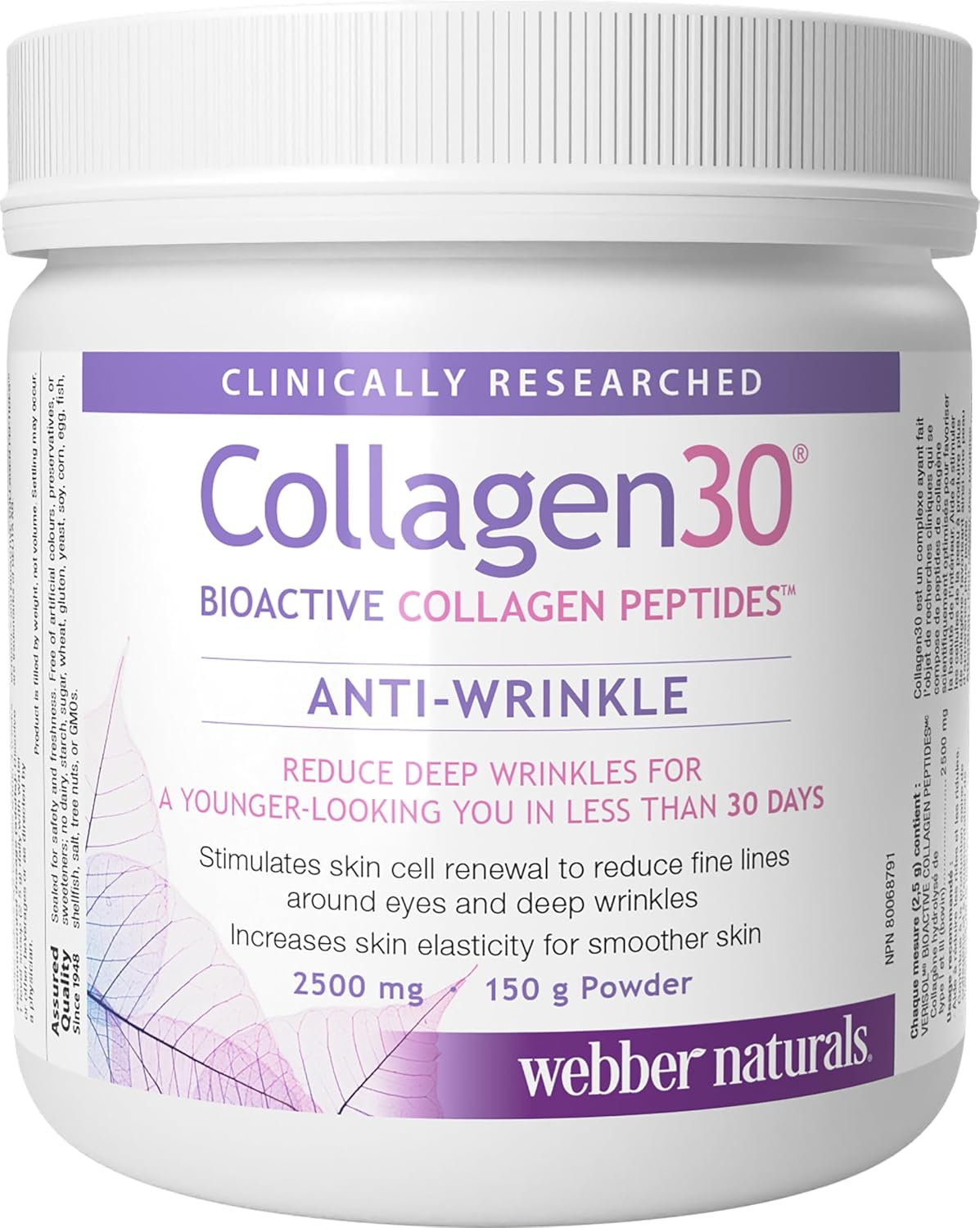 Webber Naturals Collagen30 抗皺粉，每份含 2,500 毫克生物活性膠原蛋白勝肽，150 克，有助於減少深層皺紋、細紋並刺激皮膚細胞