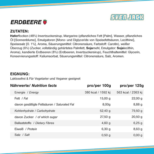 SvenJack Vegan Oat Bar Strawberry - 24 × 125g - High‑Fibre, Low‑Sugar, Gluten‑Free Oatmeal Energy Snack with Strawberries