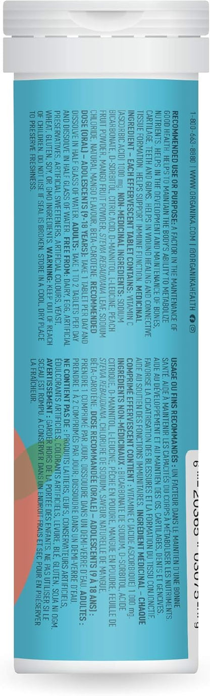 Organika Instant-C 泡騰片 - 桃芒果味，1000 毫克維生素 C，免疫支持片，1 管 x 10 片