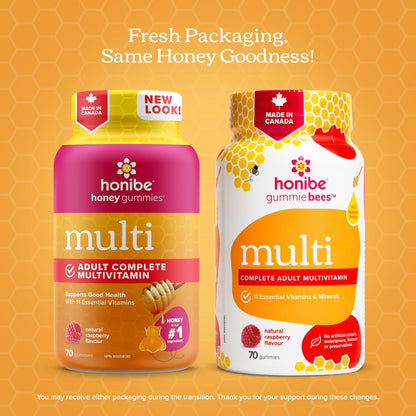 Honibe 成人複合維生素軟糖 | 加拿大製造的蜂蜜基維生素 | 男女適用咀嚼軟糖複合維生素 | 每日必需維生素和礦物質 | 素食維生素軟糖 | 70 粒軟糖 |
