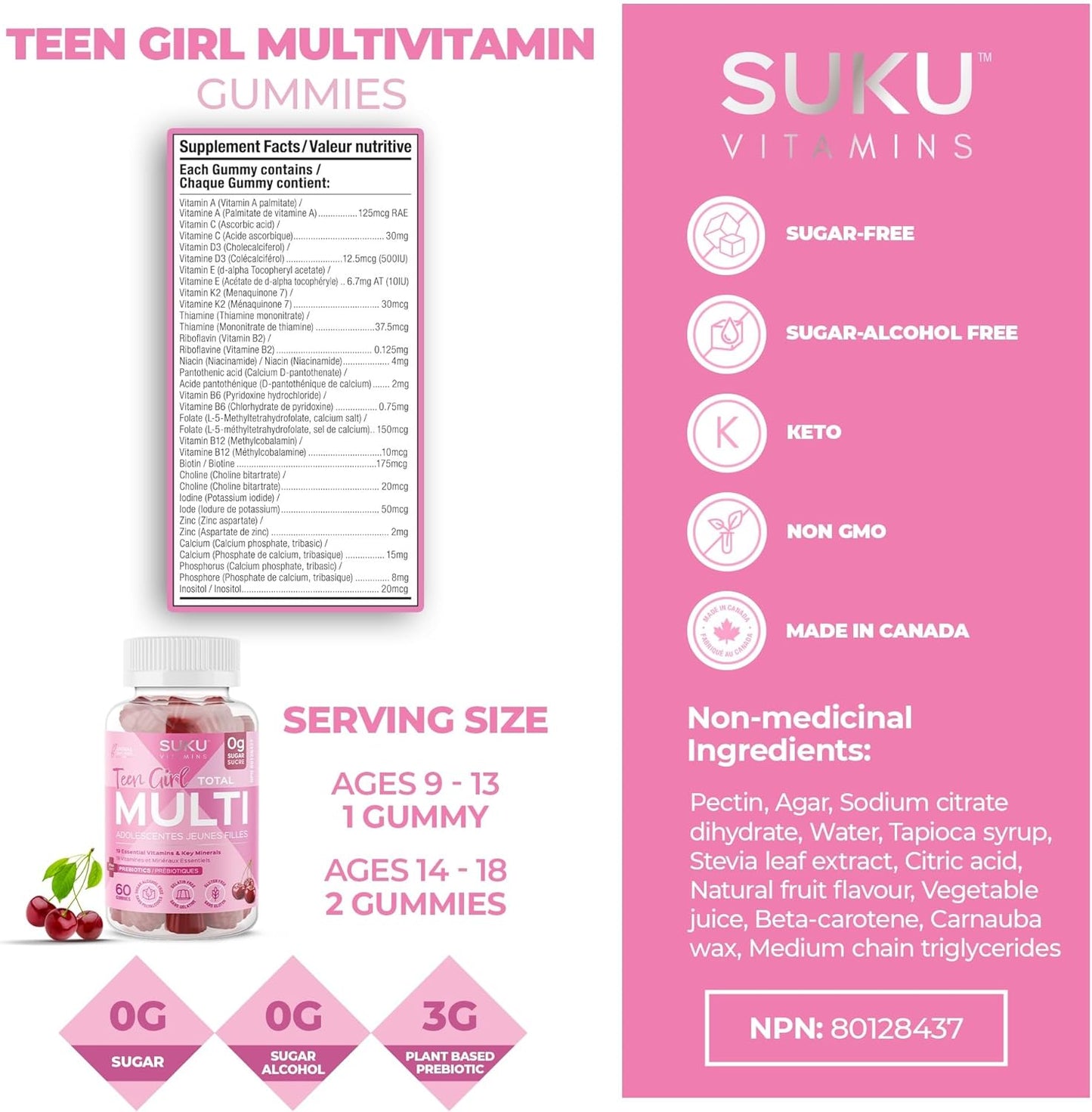 SUKU 維生素少女軟糖 – 無糖素食軟糖維生素補充劑，含 19 種必需營養素，可強健骨骼和肌肉，增強能量並改善皮膚健康 – 櫻桃味（60 粒）