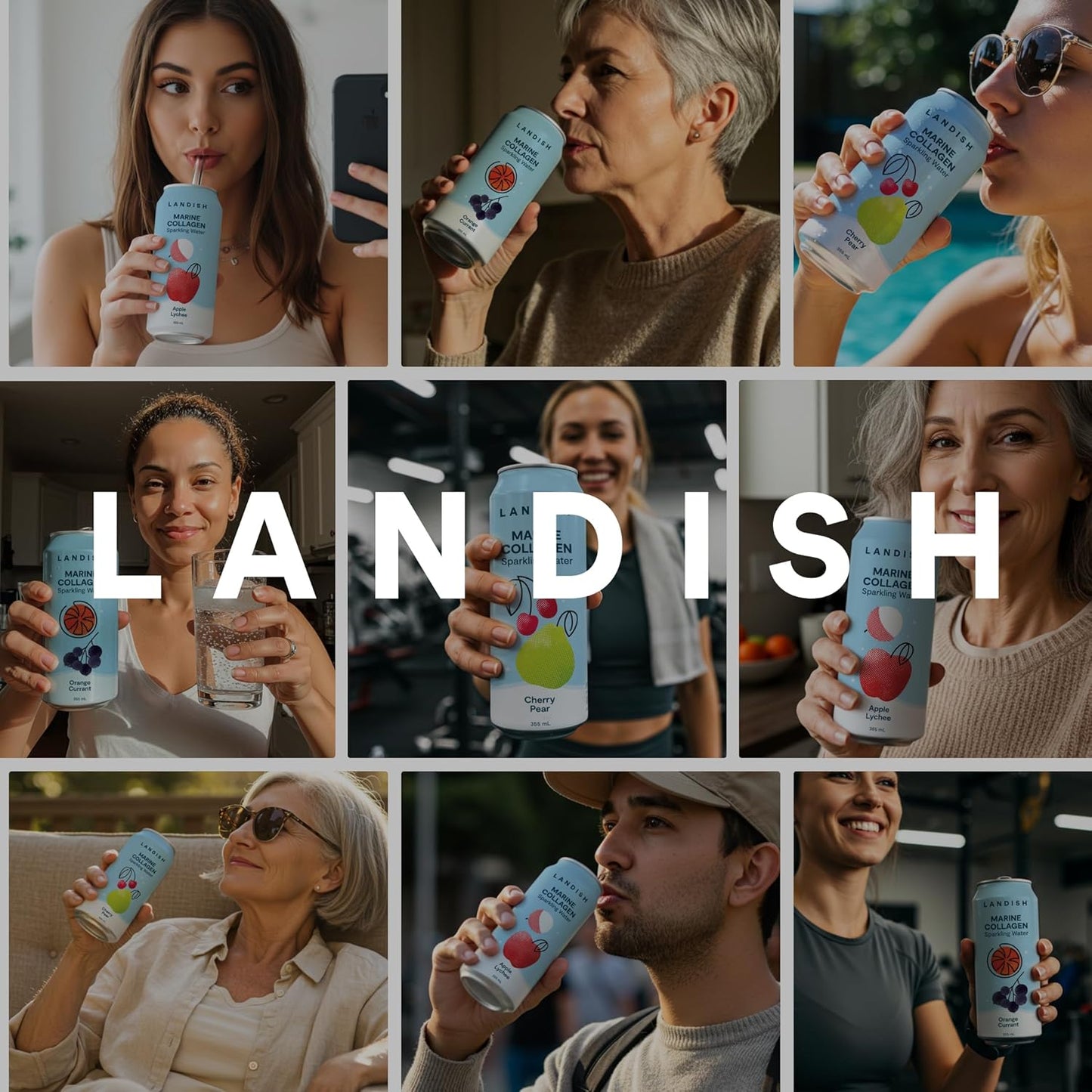 Landish Marine Collagen Sparkling Water Drink - Apple Lychee Flavour - 5 g Wild Canadian Marine Collagen - 0 g Sugar - 355 ml (6-Pack)