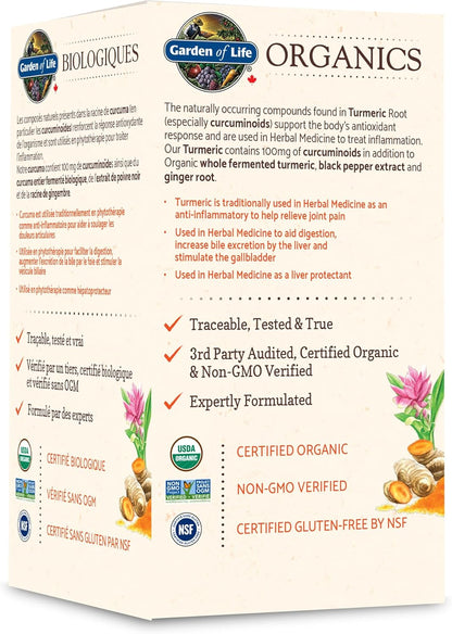 Garden of Life Organics 薑黃，60 片裝 | 抗發炎支持，緩解關節疼痛，幫助消化，支持身體的抗氧化反應 | 非基因改造、無麩質、純素、猶太潔食