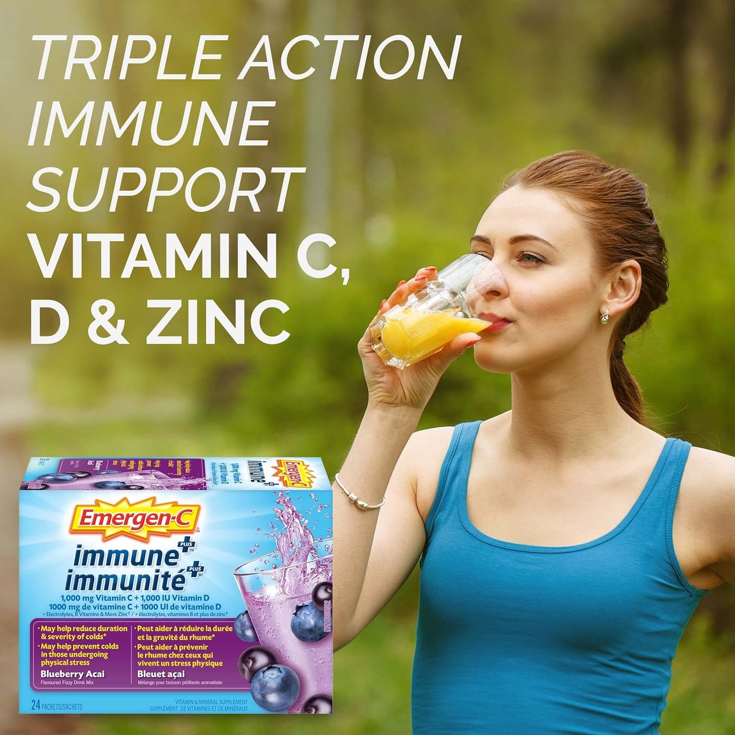 Emergen-C Immune+ 1000毫克維生素C粉劑補充劑，飲料混合物，免疫系統增強劑，藍莓巴西莓口味，24包