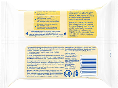 Johnson’s Hand and Face Baby Cleansing Wipes for Sensitive Skin, Alcohol Free, Travel Pack, 25 Count