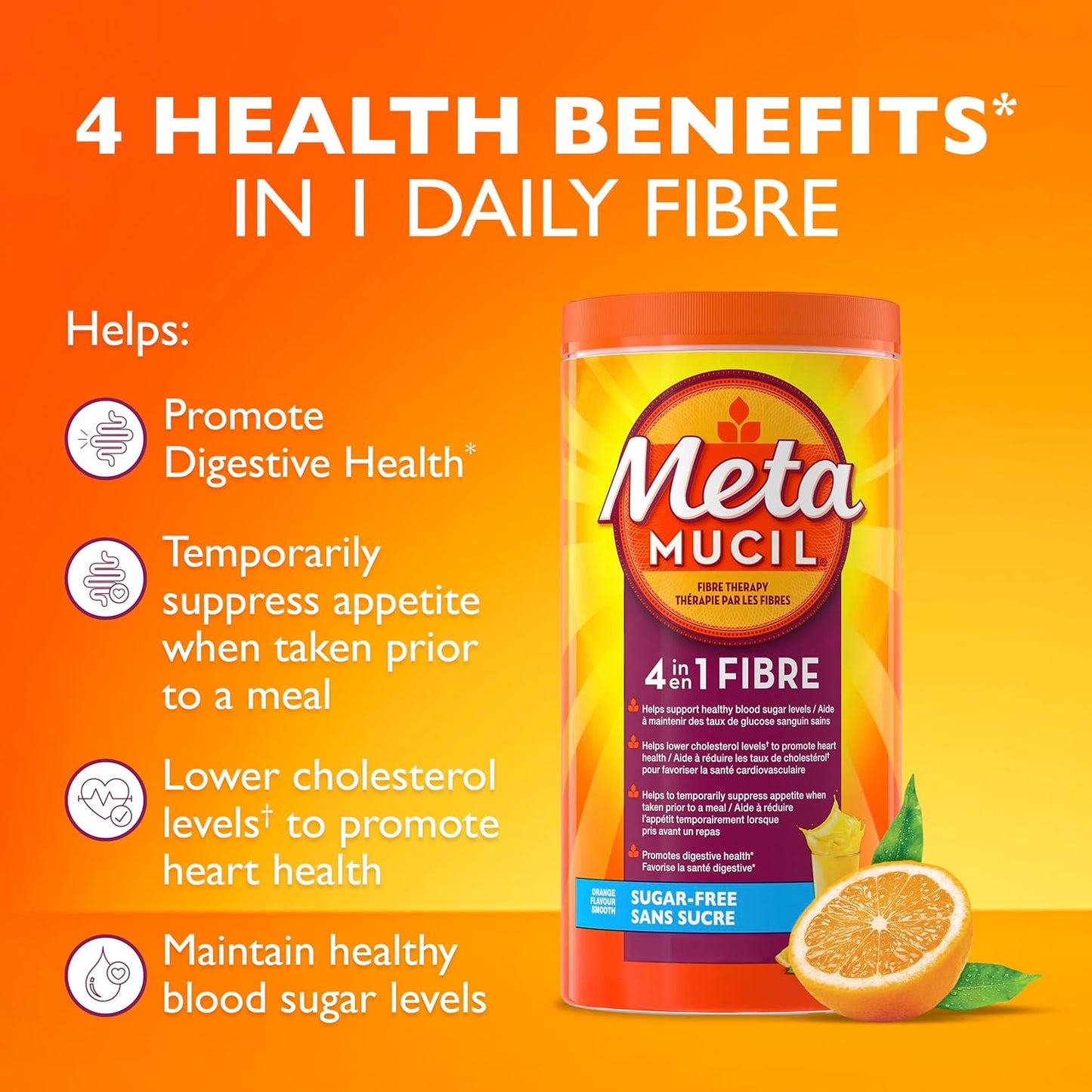 Metamucil, 每日车前子壳粉补充剂，无糖，四合一膳食纤维，促进消化健康，橙味顺滑饮料，180 份