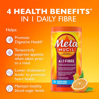 Metamucil, 每日车前子壳粉补充剂，无糖，四合一膳食纤维，促进消化健康，橙味顺滑饮料，180 份