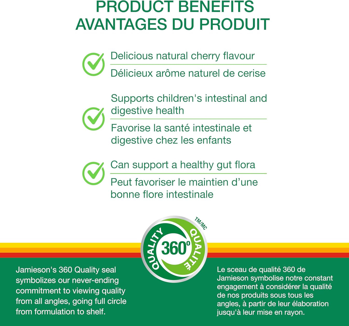 Jamieson 兒童咀嚼益生菌，50億菌落形成單位，天然櫻桃味，有益消化和腸道健康，支持腸道菌叢健康。富含雙歧桿菌和乳酸桿菌，非基因改造，不含人工色素、香精或…