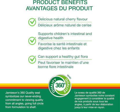 Jamieson 兒童咀嚼益生菌，50億菌落形成單位，天然櫻桃味，有益消化和腸道健康，支持腸道菌叢健康。富含雙歧桿菌和乳酸桿菌，非基因改造，不含人工色素、香精或…