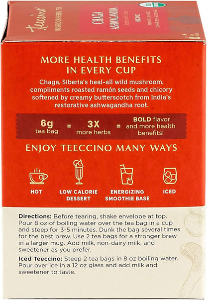 Teeccino 蘑菇适应原茶 - 白桦茸南非醉茄法式烘焙草本茶，采用野生白桦茸和阿育吠陀南非醉茄根，增强免疫力，10 个茶包