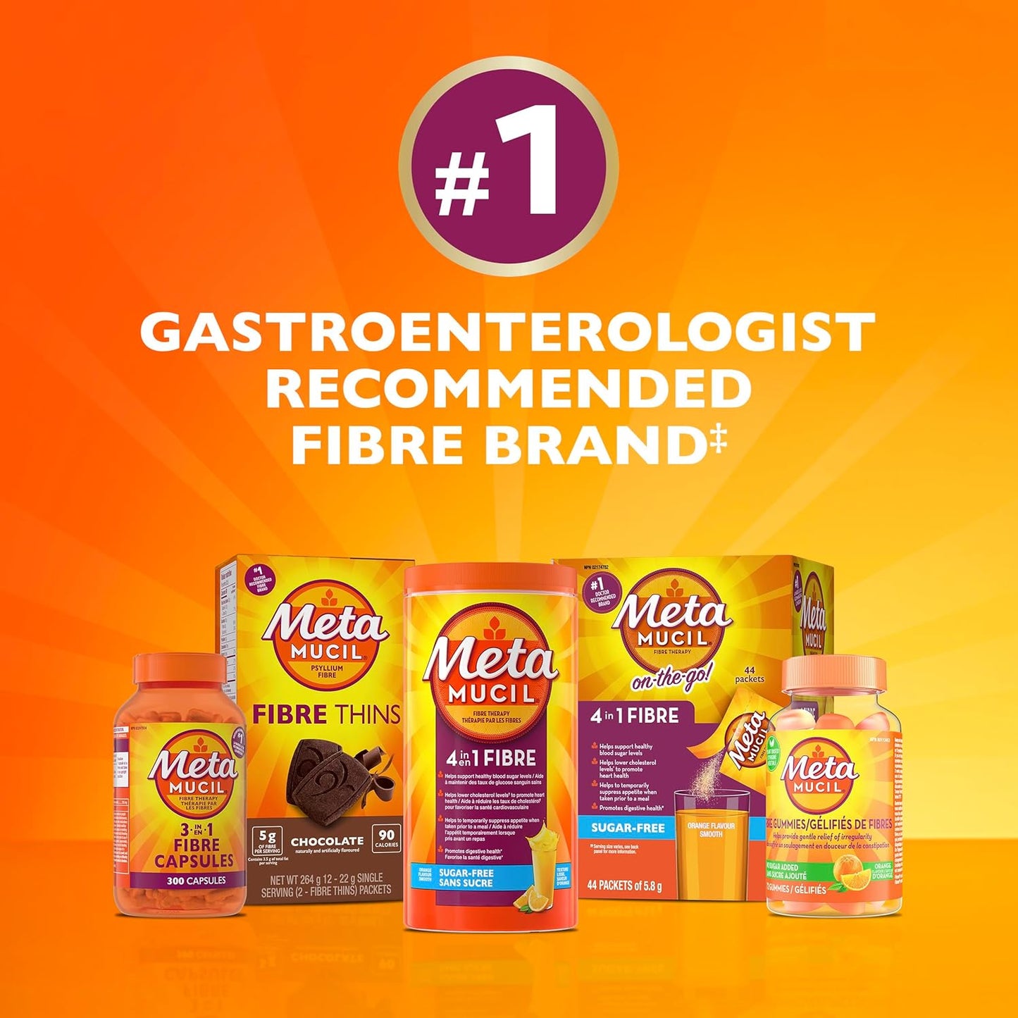 Metamucil, 每日车前子壳粉补充剂，无糖，四合一膳食纤维，促进消化健康，橙味顺滑饮料，180 份