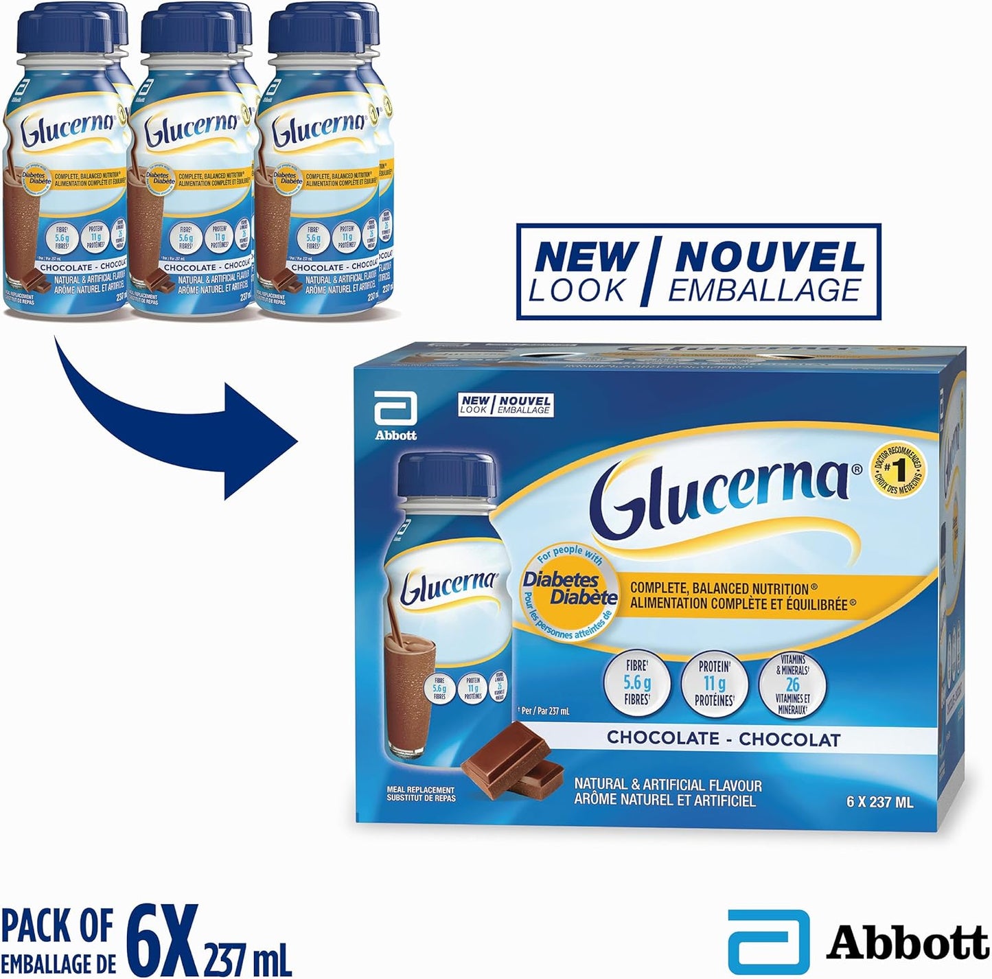 Glucerna Nutritional Drink, Meal Replacement Shakes, Complete, Balanced Nutrition For People With Diabetes, Chocolate, 6 x 237-mL Bottles