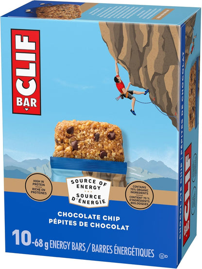 CLIF BAR 能量棒，巧克力碎，燕麦棒，高蛋白，含 70% 有机成分，680 克（10 包）