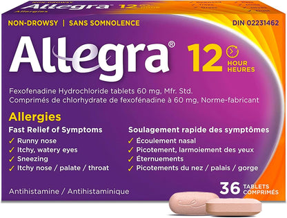 Allegra 12 小时抗过敏药，不引起嗜睡，快速缓解多种过敏症状，适用于打喷嚏、流鼻涕、眼睛发痒/流泪、喉咙或上颚，盐酸非索非那定 60 毫克，36 片