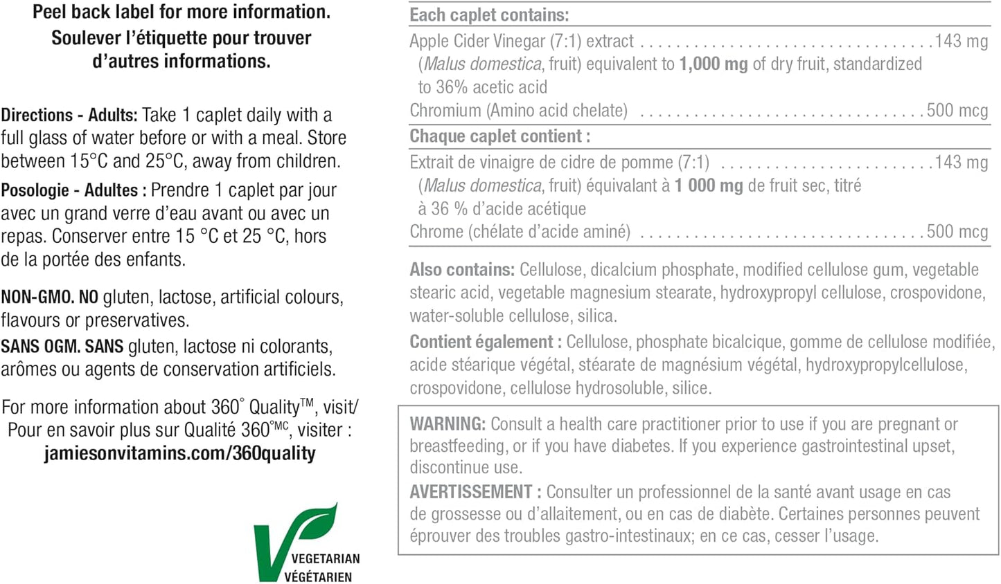 Jamieson 蘋果醋含鉻膠囊，有助於維持正常血糖水平並促進新陳代謝。每日一片，素食，非基因改造，無麩質，120 粒