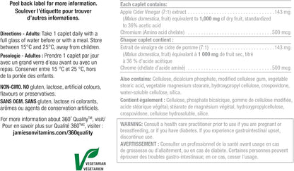 Jamieson 蘋果醋含鉻膠囊，有助於維持正常血糖水平並促進新陳代謝。每日一片，素食，非基因改造，無麩質，120 粒