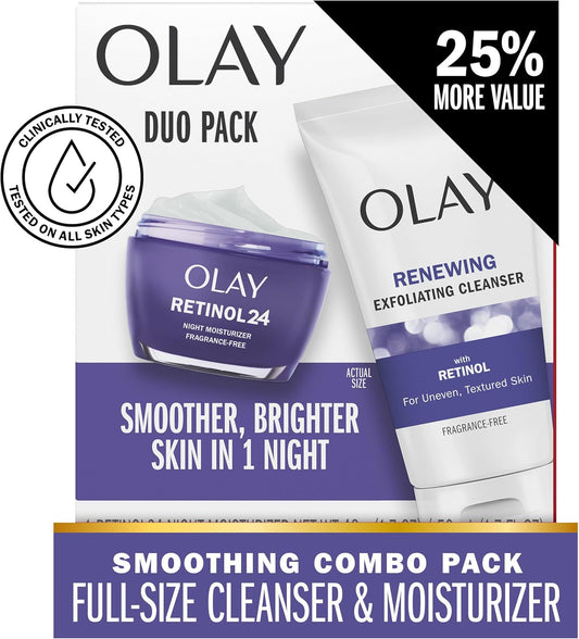 Olay Retinol 24 Anti-Aging Night, Duo Pack, Fragrance Free Night Moisturizer 50 mL, Exfoliating Cleanser, 150 mL