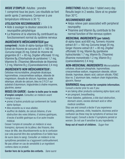 Nervive 神经舒缓片，有助于缓解周围神经病变引起的疼痛，α-硫辛酸 ALA，维生素 B1-硫胺素、B6 和 B12，姜黄，生姜，30 天用量，30 片
