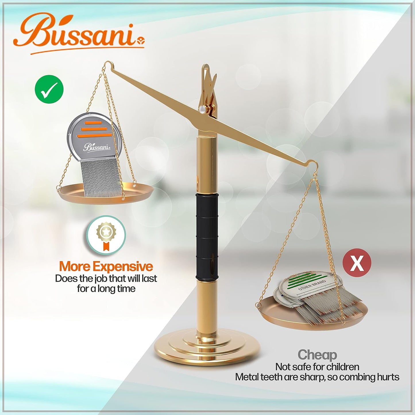 Bussani 虱子梳 – 304 不锈钢梳齿 – 适用于儿童、成人和宠物 – 防锈、可重复使用、易于清洁的猫狗跳蚤梳 - Peigne a Poux