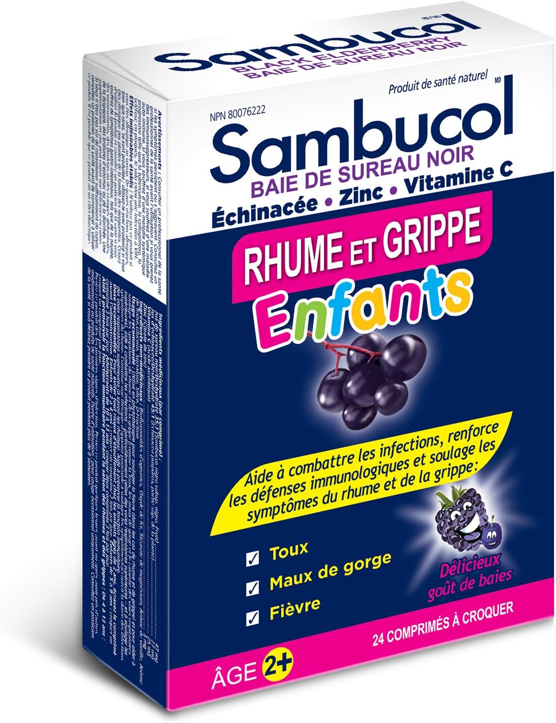 Sambucol Black Elderberry Cold & Flu Kids | Relieves Cold & Flu Symptoms | Immune Support & Antioxidant | Gluten Free | 24 Chewable Tablets, blue