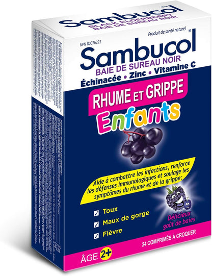 Sambucol Black Elderberry Cold & Flu Kids | Relieves Cold & Flu Symptoms | Immune Support & Antioxidant | Gluten Free | 24 Chewable Tablets, blue