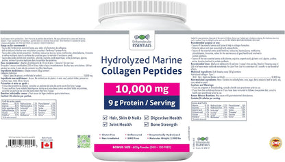 Orthomolecular Essentials 水解海洋膠原蛋白勝肽 - 純加拿大製造 10,000 毫克粉末，用於亮澤肌膚、強健骨骼和支持關節，600 克