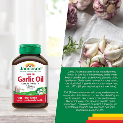 Jamieson Super Garlic Oil 1,500 mg, Extra Strength, Supports Heart Health, and Provides Immune Support. Non-GMO, Gluten-Free, 100 Softgels, Proudly Canadian