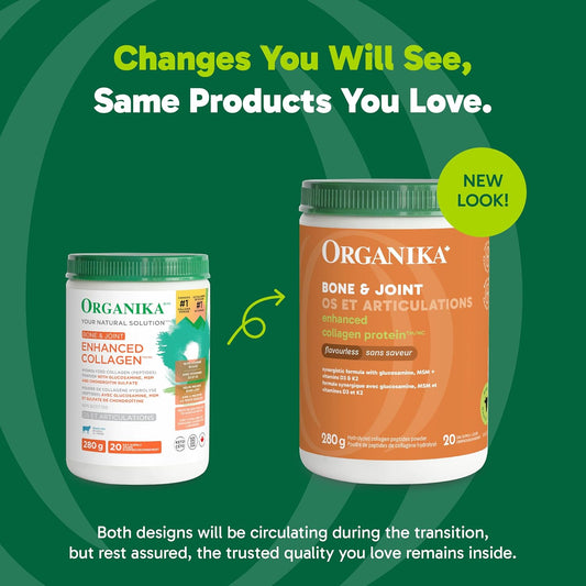 Organika Canadian-Made Enhanced Collagen Bone and Joint Powder - with Glucosamine, MSM, Chondroitin Sulfate, Vitamin D3 and K2 | Helps Restore Bone and Joint Health + Healthier Skin and Hair - 280g