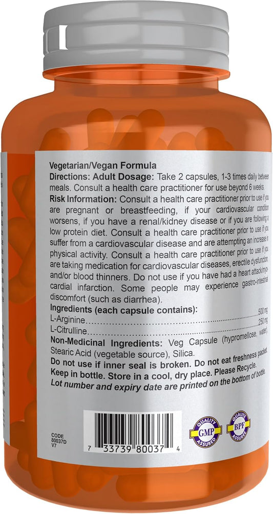 NOW Sports, 精胺酸與瓜胺酸 500 毫克/250 毫克，胺基酸，120 粒素食膠囊