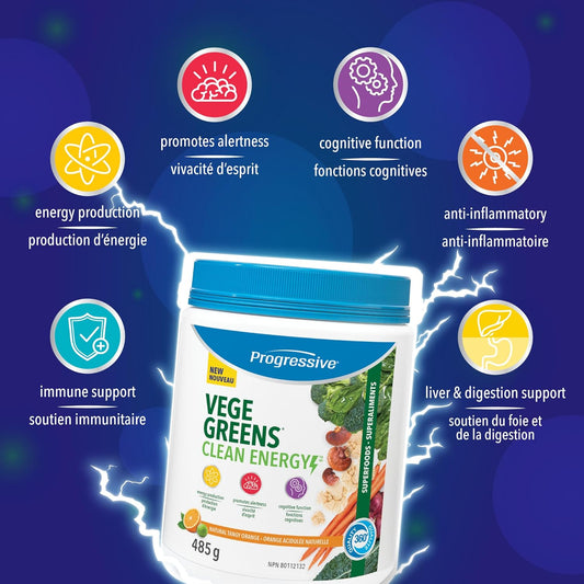 Progressive VegeGreens 清洁能源天然浓郁橙味 485 克 | 促进能量生产，提高警觉性和认知功能