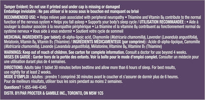 Nervive 神經舒緩 PM，有助於緩解週邊神經病變引起的疼痛，α-硫辛酸 ALA，維生素 B1-硫胺素、B6 和 B12，褪黑激素，洋甘菊，薰衣草，30 晚用量，30 片