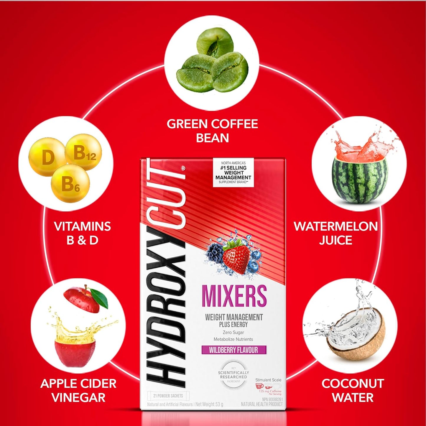 Hydroxycut 男女体重管理补充剂，野莓味，21 袋粉剂 - 含咖啡因和电解质的能量饮料粉 - 零糖