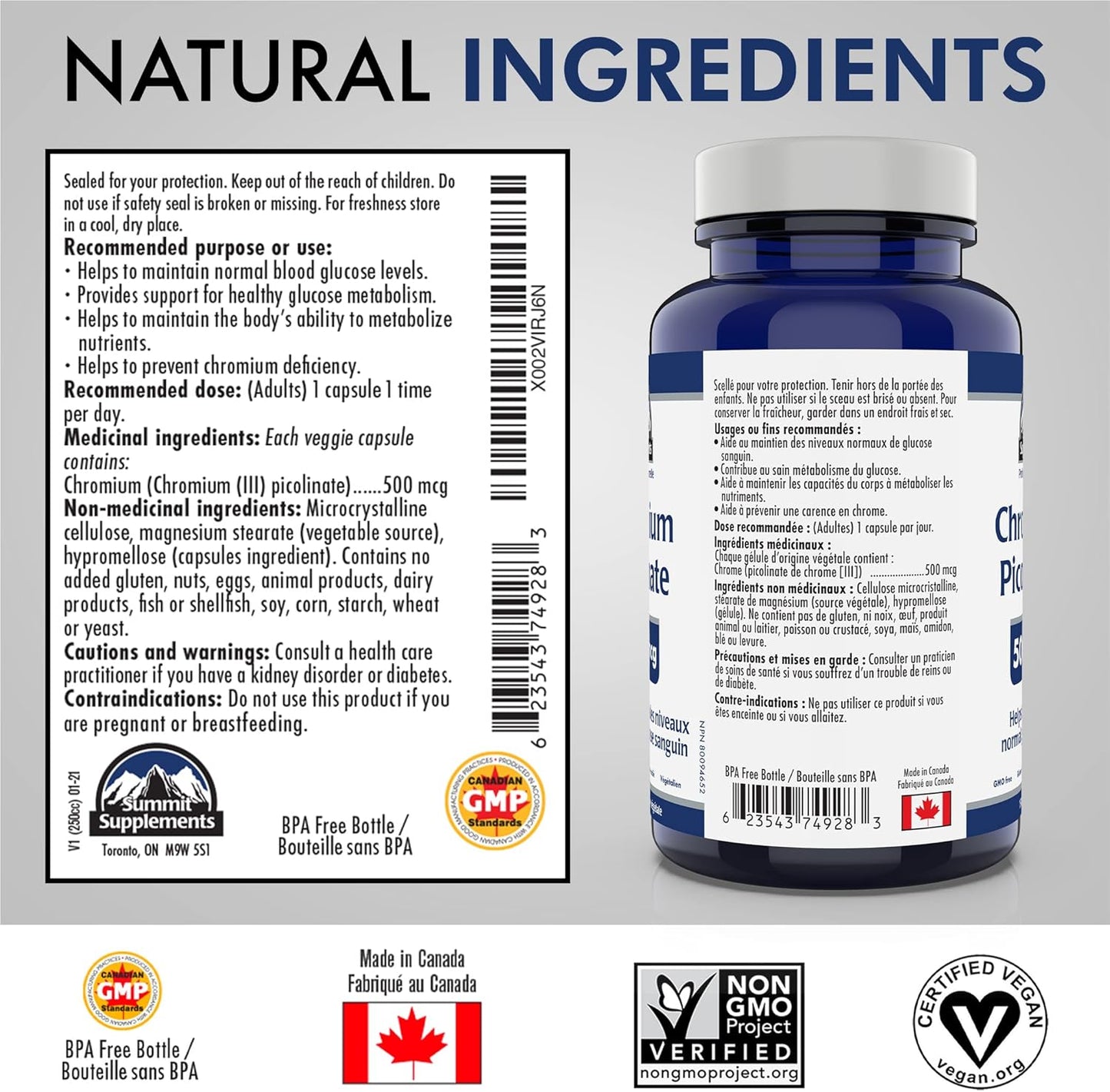 Chromium Picolinate 500mcg 150 Vegan Caps, 150-Day Supply, Supports Glucose Metabolism, Appetite & Craving Management, Metabolic & Muscle Support, GMO & Gluten-Free, Plastic Negative, Proudly Canadian
