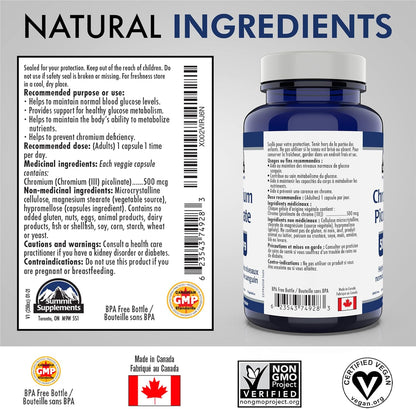 Chromium Picolinate 500mcg 150 Vegan Caps, 150-Day Supply, Supports Glucose Metabolism, Appetite & Craving Management, Metabolic & Muscle Support, GMO & Gluten-Free, Plastic Negative, Proudly Canadian