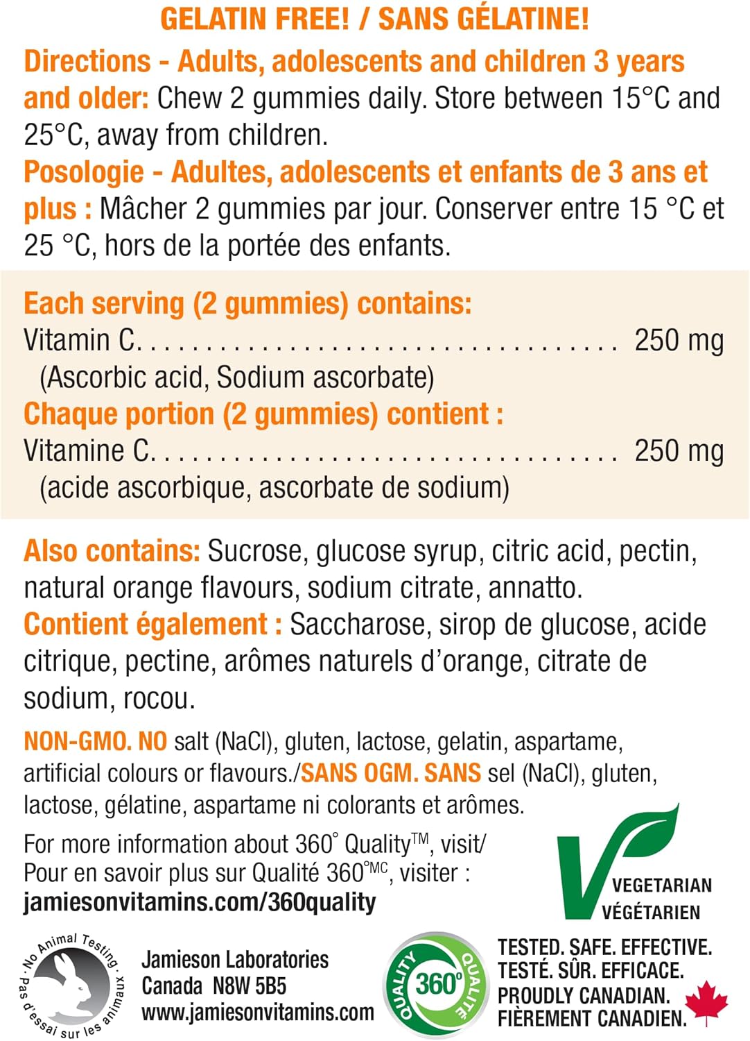 Jamieson 维生素 C 250 毫克软糖，天然浓郁橙味，有助于增强免疫力，强健牙齿和骨骼。适合全家（3 岁以上），素食，非转基因，不含明胶，不含人工香料、色素或防腐剂……