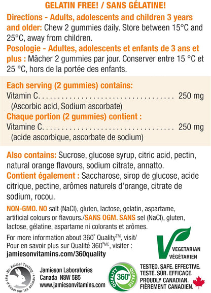 Jamieson 维生素 C 250 毫克软糖，天然浓郁橙味，有助于增强免疫力，强健牙齿和骨骼。适合全家（3 岁以上），素食，非转基因，不含明胶，不含人工香料、色素或防腐剂……