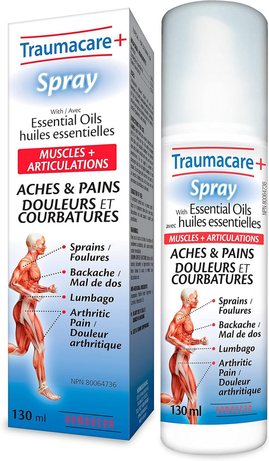 Homeocan Traumacare 喷雾 130ml，桉树精油，用于缓解肌肉酸痛和关节不适，快速吸收，不油腻，无香精，旅行装，轻松涂抹于难以触及的部位