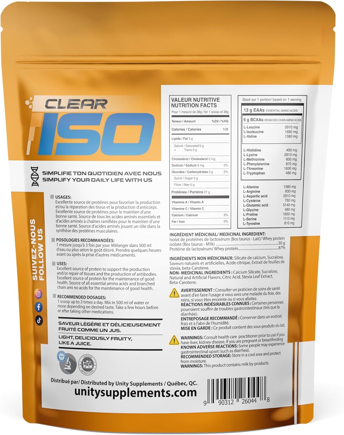 Unity Supplements CLEAR ISO 蛋白粉 - 草飼乳清分離蛋白 - 果汁質地 - 運動後恢復飲料混合物 - 酮類友好且無糖 - 每份含 27 克蛋白質 - 410 克（桃芒果味）