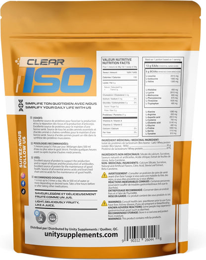 Unity Supplements CLEAR ISO 蛋白粉 - 草飼乳清分離蛋白 - 果汁質地 - 運動後恢復飲料混合物 - 酮類友好且無糖 - 每份含 27 克蛋白質 - 410 克（桃芒果味）