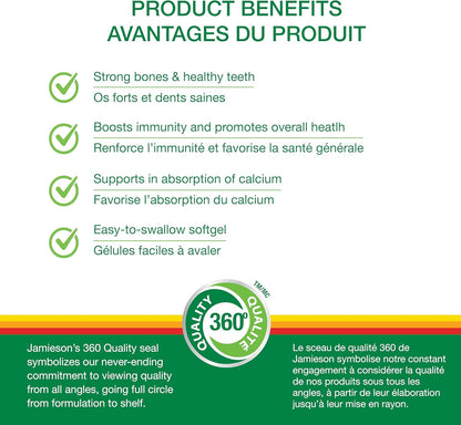 Jamieson 维生素 D3 1,000 IU 软胶囊，易于吞咽，支持免疫健康，强健骨骼和牙齿，增强钙和磷的吸收。非转基因，无麸质，每日一粒，500 粒，加拿大制造