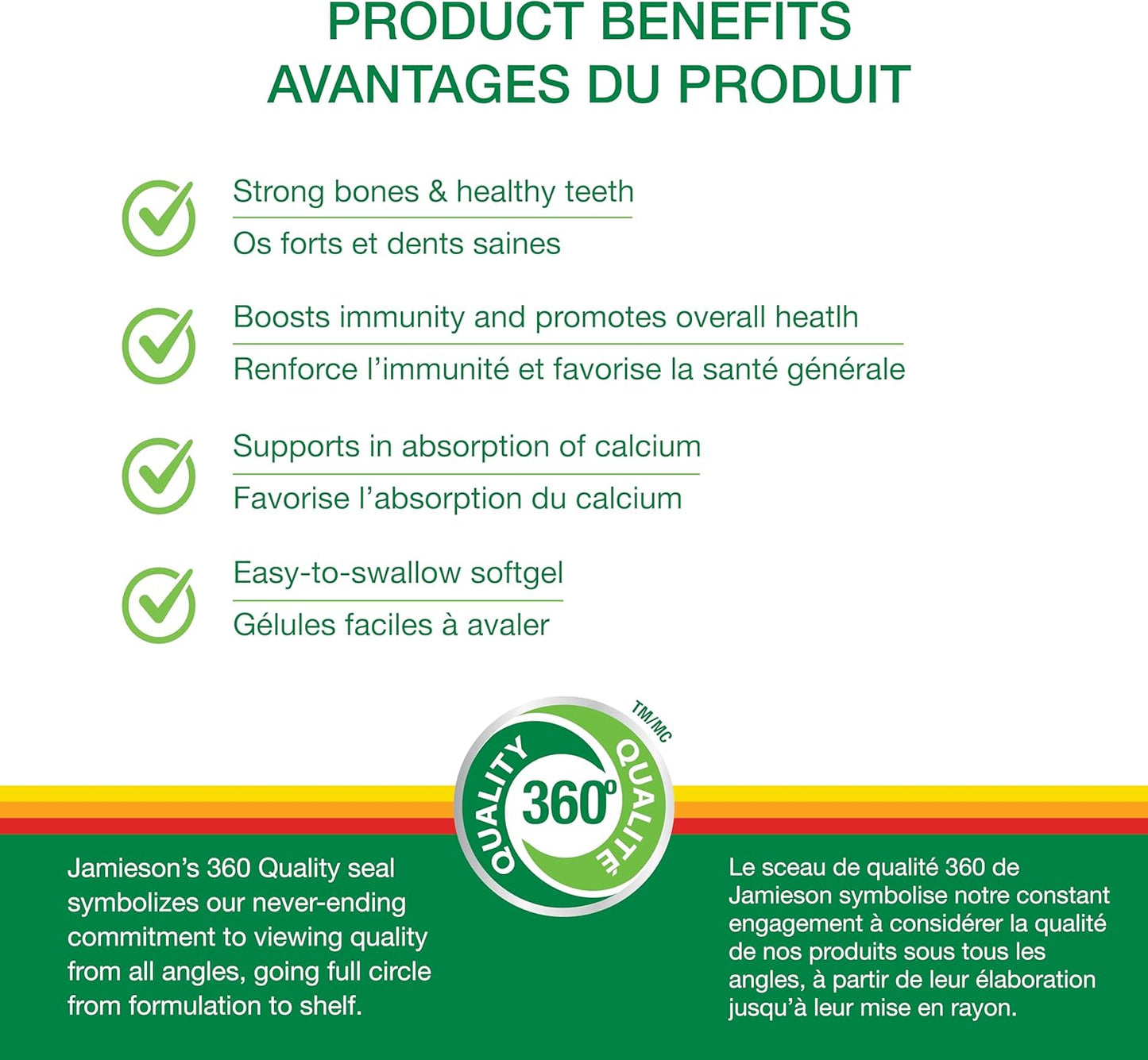 Jamieson 维生素 D3 1,000 IU 软胶囊，易于吞咽，支持免疫健康，强健骨骼和牙齿，增强钙和磷的吸收。非转基因，无麸质，每日一粒，超值装，180 粒，加拿大制造