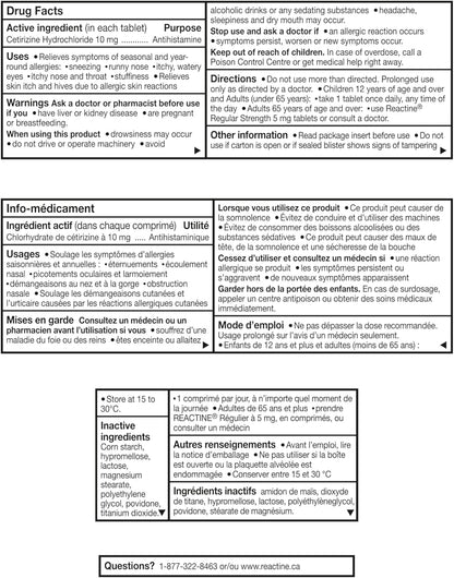 Reactine Extra Strength Antihistamine Tablets - 10mg Cetirizine Hydrochloride - 24 Hour Allergy Relief Medicine - 84 Count