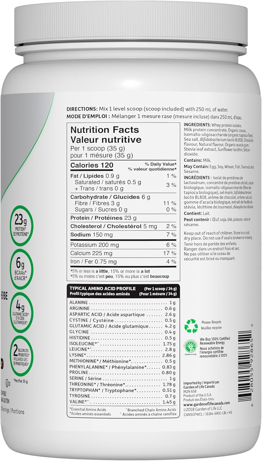Garden of Life Sport Certified Grass Fed Whey, Chocolate, 690g Rigorously tested, NSF Certified for Sport and Informed Choice certifications. 23g of Complete Protein with 6g BCAAs