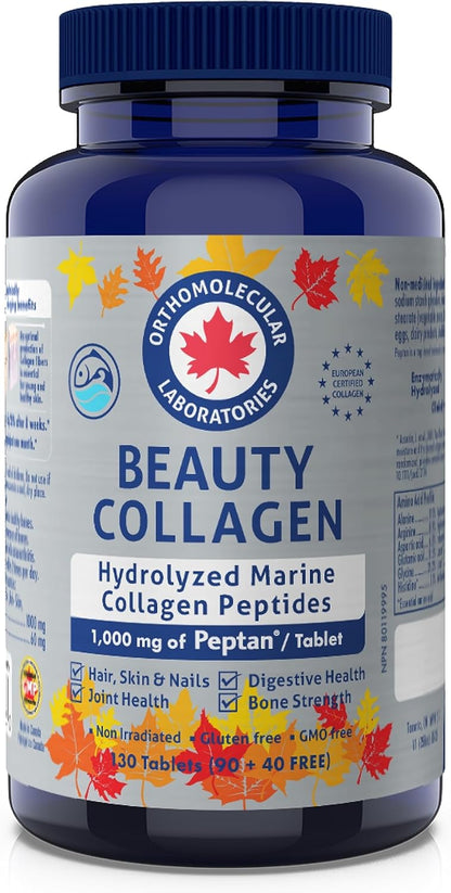Orthomolecular Laboratories - Beauty Collagen Hydrolyzed Marine Collagen Peptides 1000mg, 130 Tablets 32-Day Supply - Vitamins for Bone Strength, Digestive Health, Joint Health, Hair, Skin and Nails
