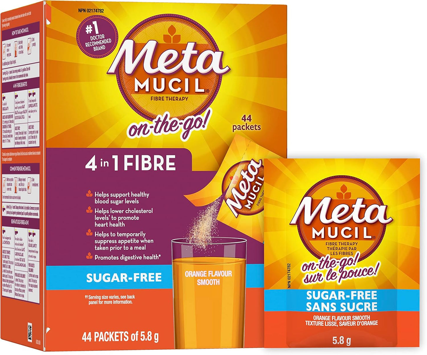 Metamucil, 每日車前子殼粉補充包，無糖，四合一膳食纖維，促進消化健康，橙味順滑飲料，44 份