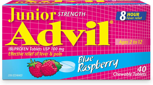 Advil Junior Strength Ibuprofen 100 mg Tablets USP Blue Raspberry 40 Chewable Tablets