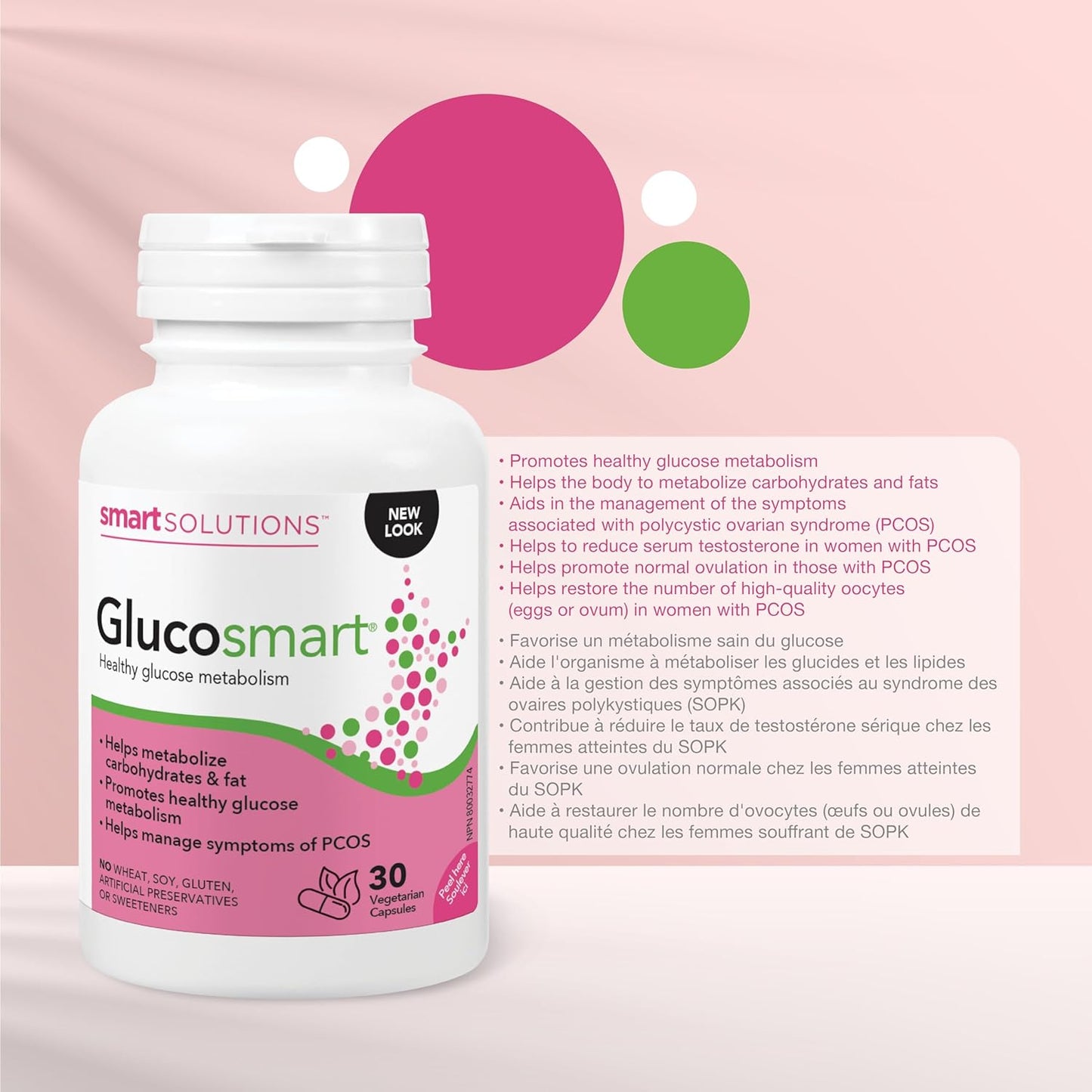 Smart Solutions Glucosmart 胶囊，促进健康的血糖代谢，帮助控制多囊卵巢综合征 (PCOS) 症状。含 600 毫克 D-手性肌醇，不含麸质、大豆，不含人工防腐剂或甜味剂，30 粒装