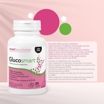 Smart Solutions Glucosmart 胶囊，促进健康的血糖代谢，帮助控制多囊卵巢综合征 (PCOS) 症状。含 600 毫克 D-手性肌醇，不含麸质、大豆，不含人工防腐剂或甜味剂，30 粒装