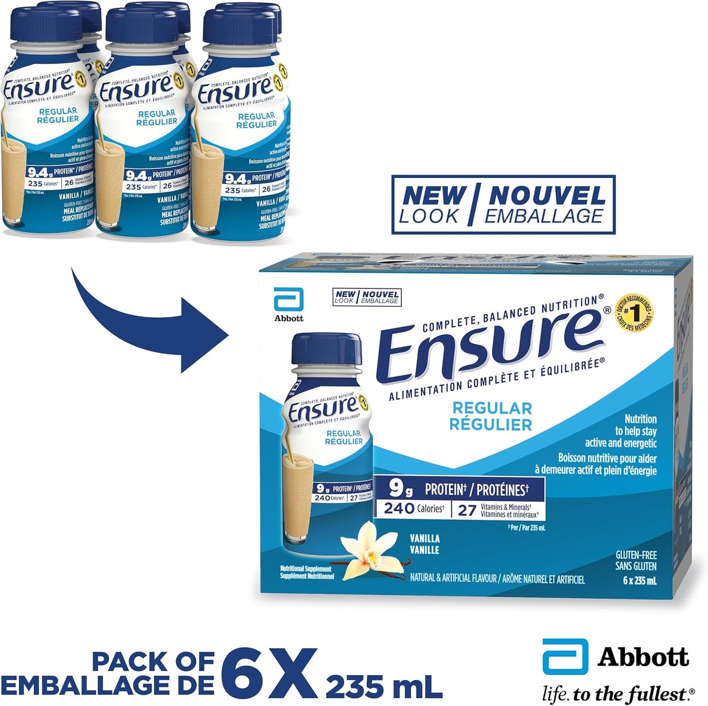 確保定期補充營養，保持活力和精力的營養，香草味，6 x 235 毫升瓶裝