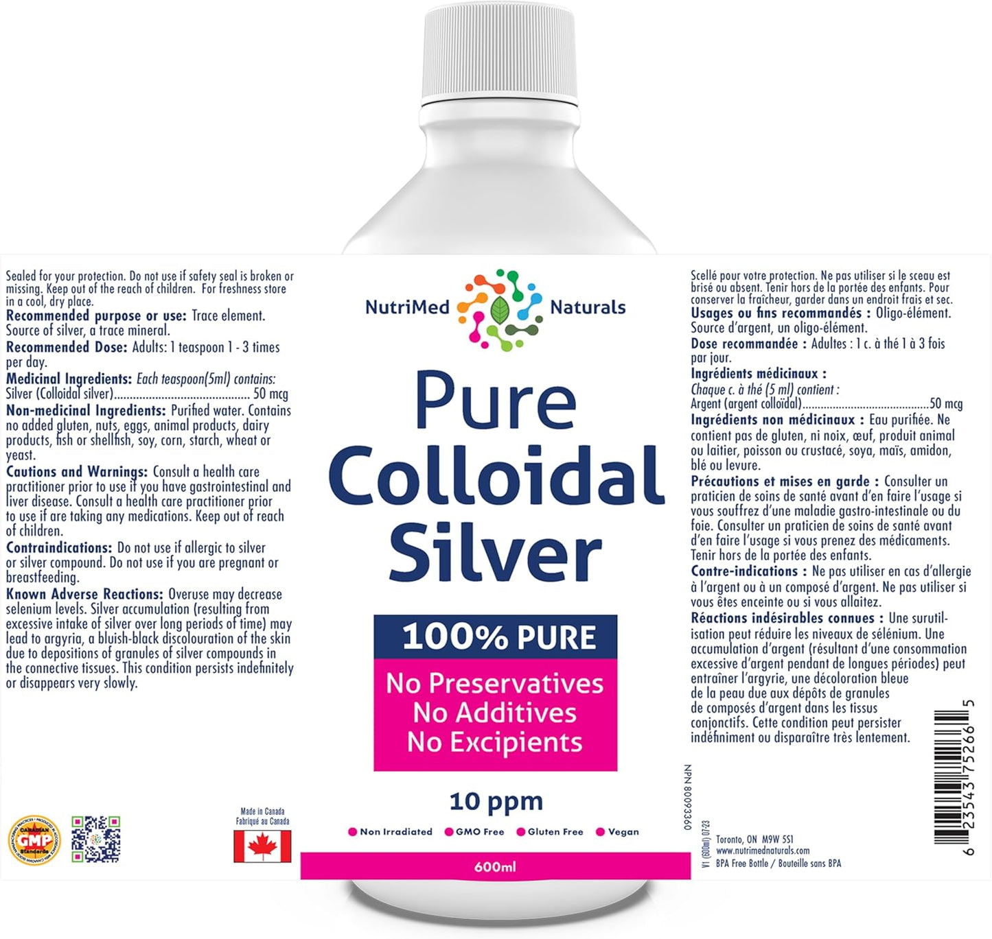 Nutrimed Naturals - 純膠體銀 10ppm，600ml 液體，120 份 - 有助於支持您的免疫系統和整體活力 - 純素和非基因改造 - 第三方測試 - 加拿大配製和製造